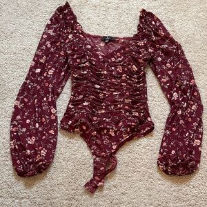 Floral Burgundy Ruched Women's bodysuit